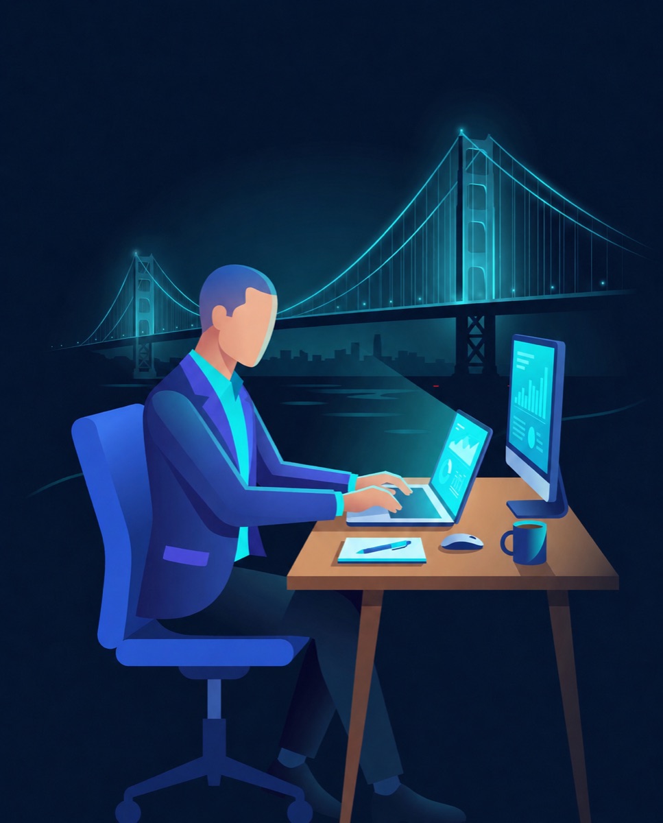 Illustration of a BridgeToG consultant working across multiple data screens